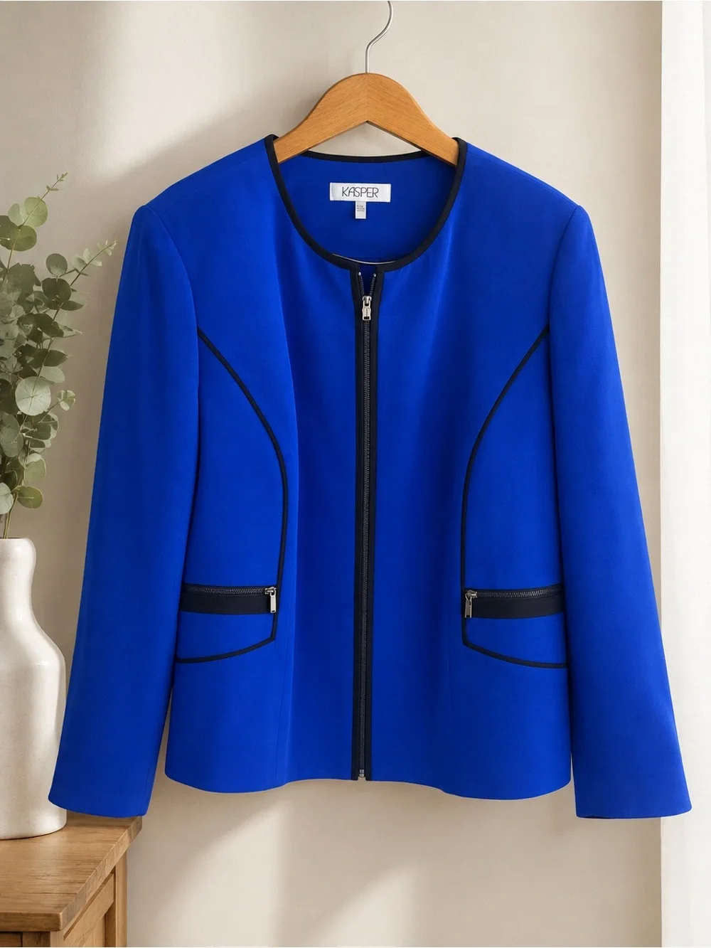 Kasper Royal Blue Piped Zip-Front Jacket